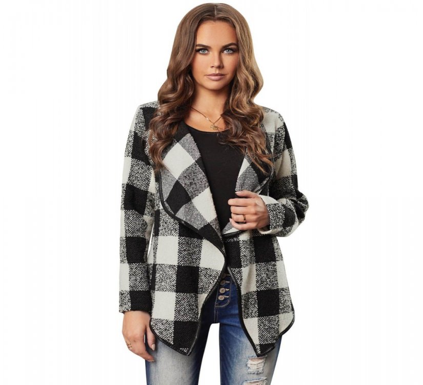 Black?Plaid Long Sleeve Asymmetric Collar Open Front Coat - from category Jackets & Coats