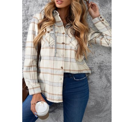 Khaki Plaid Hooded Shirt Coat - from category Jackets & Coats